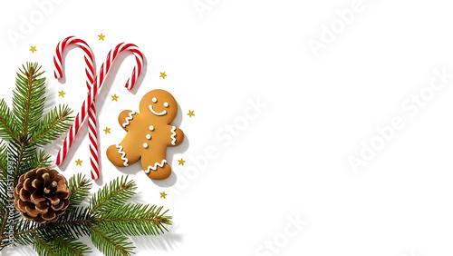 Festive Holiday Candy Canes and Gingerbread Cookie with Pinecone Decoration on White Background, Top-Down View