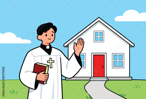 A priest holding a book waves outside a house on a sunny day