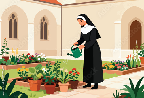 Nun tending colorful flowers in a courtyard garden with Gothic windows