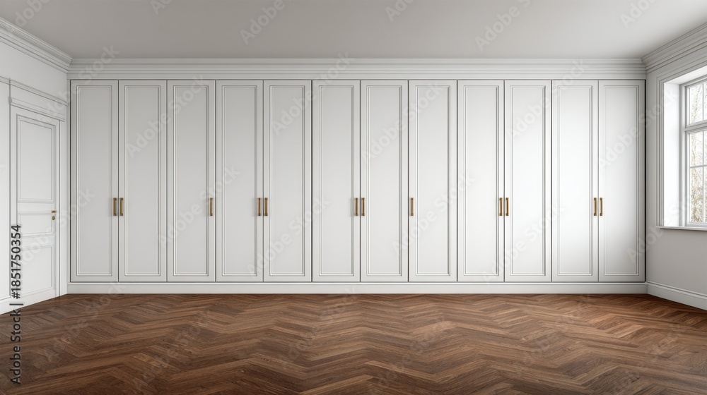 Fototapeta premium Elegant interior design featuring minimalist cabinetry in a bright room with wooden flooring and large windows, ideal for modern home aesthetics and organization.