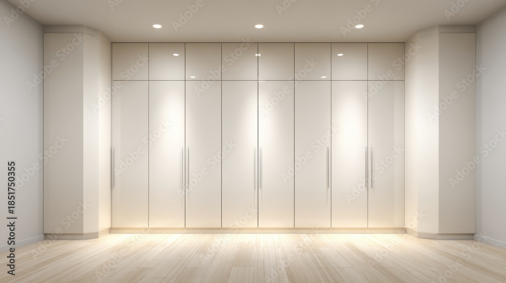 Fototapeta premium Modern Minimalist Wardrobe Design with Sleek White Cabinetry and Stylish Handles in a Bright, Spacious Room Featuring Soft Ambient Lighting