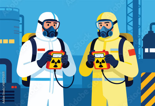 Two workers in protective suits hold radiation detectors near industrial structures