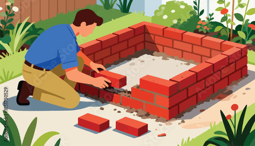Person building a red brick planter box in a garden with plants