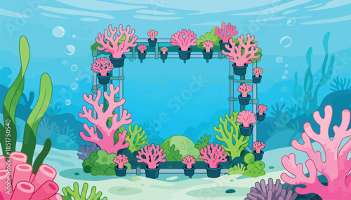 A vibrant underwater scene featuring cultivated pink and green coral in pots