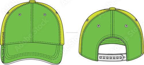 Baseball cap technical fashion sketch showing front and back views, adjustable snapback hat design, headwear apparel illustration isolated