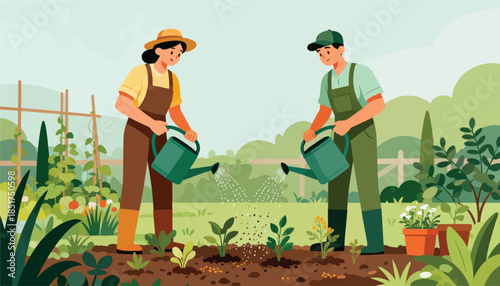 Two people in garden overalls watering plants in a sunny garden