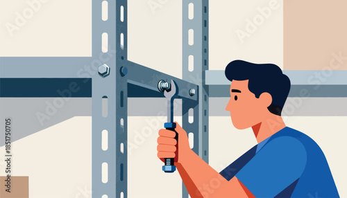 Man tightening bolt on metal shelving unit with a wrench