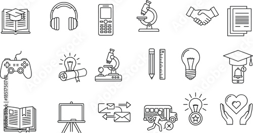 Education and learning outline icon set featuring school, science, technology, communication, achievement symbols in clean minimal line style