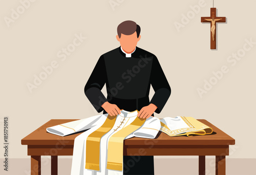 Cleric folding white and gold vestments on wooden table below a crucifix