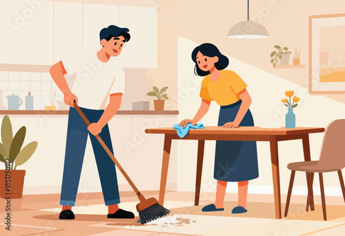 A man sweeps the floor while a woman wipes a table
