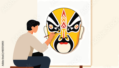 Man painting a traditional opera mask on canvas