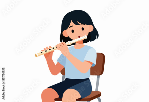 Young person plays a recorder while sitting on a chair