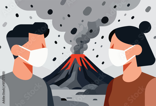 Two individuals wearing masks stand before an erupting volcano spewing ash and debris