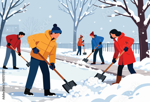 People shoveling snow on a sidewalk during a winter snowfall