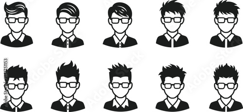 Male avatar silhouette icon set showing different hairstyles and glasses, user profile characters, minimal modern identity illustrations isolated