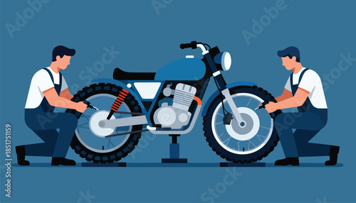 Mechanics working on a vintage motorcycle