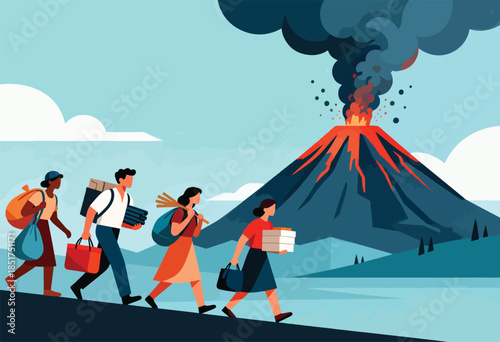 Figures evacuate an erupting volcano, carrying their belongings
