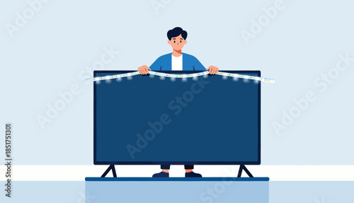 Person decorating a large screen television with a string of lights