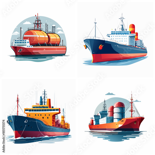 Cargo and tanker ships isolated on white background commercial maritime transportation
