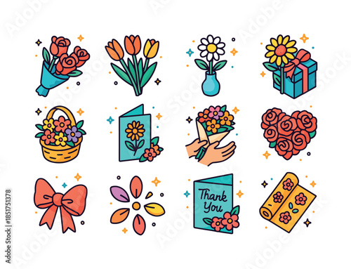 Isometric Floral Icons. Greet with flowers. Colorful isometric v