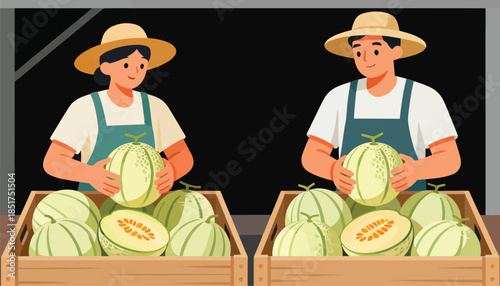 Two farmers in hats and overalls hold ripe melons in crates, ready for sale