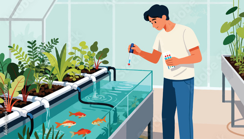 Man tests water in a tank filled with goldfish beside hydroponic plants