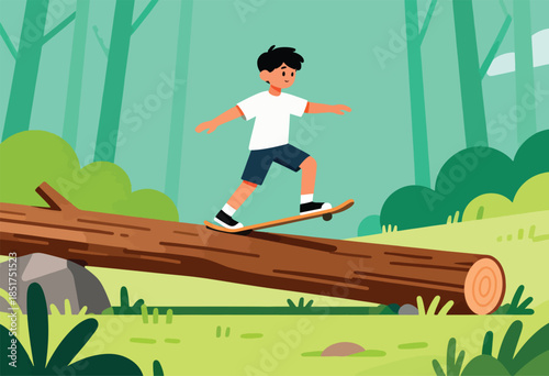 Boy skateboarding on a fallen log in a forest
