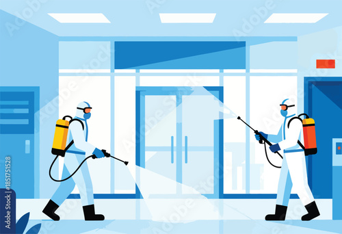 Two people in protective suits spray disinfectant in a clean, modern interior