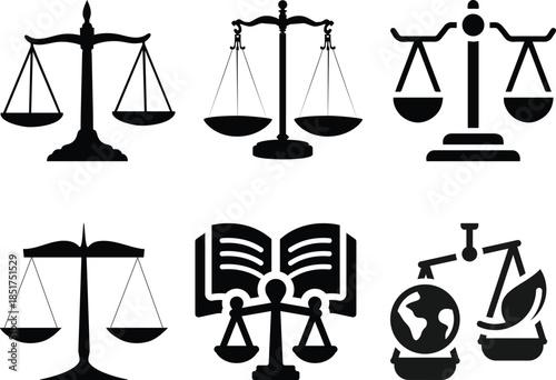 Unique design icon set of justice Justice balance icon in black and white shows law and equity with transparent background Black balance scale icon representing justice and law on a white background