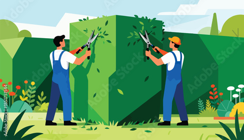 Two gardeners trim a vibrant green hedge with shears amidst a lush landscape