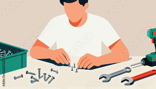Person sorting screws near tools and a drill