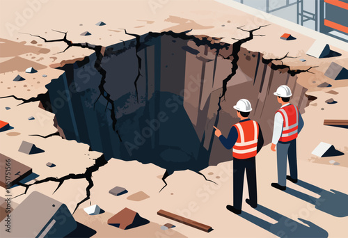 Two construction workers in safety vests inspect a large, cracked sinkhole