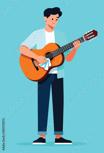 Man cleaning guitar strings