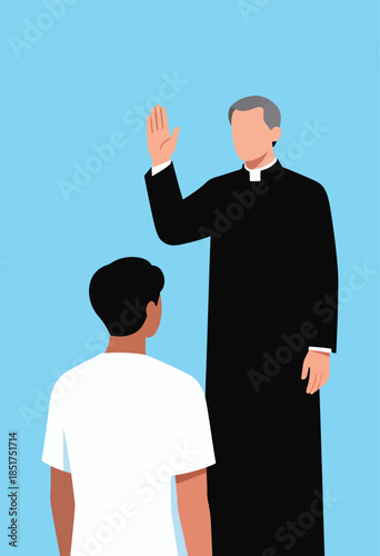 Clergy member raising hand in blessing over person in white shirt