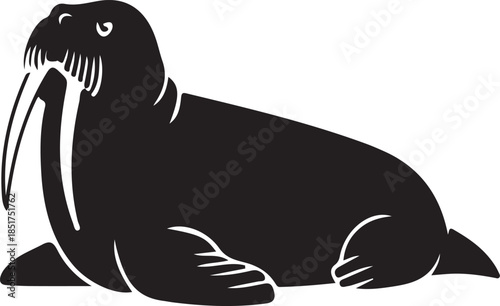 Black and white silhouette of a walrus lying down with prominent tusks