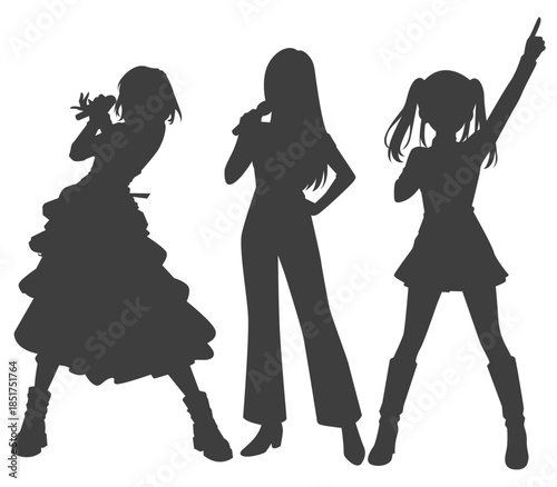 Set silhouette illustrations trio kpop idols singing and dancing on stage. Flat vector kpop music star. Modern group dancers with various different styles, poses and choreography. Korean pop cultures.