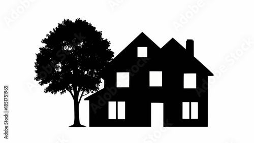 Silhouette of a large house with a tree beside it.