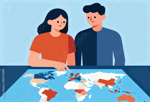Two people examine a world map, with one pointing to Europe