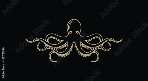 Elegant Golden White Octopus Outline Logo Design Emblem on Black Background