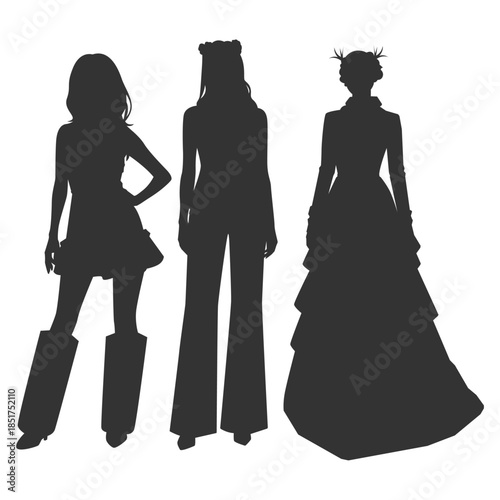Set silhouette illustrations trio kpop idols singing and dancing on stage. Flat vector kpop music star. Modern group dancers with various different styles, poses and choreography. Korean pop cultures.