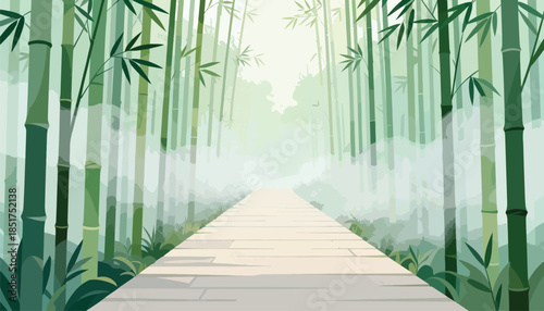 Serene bamboo forest with a pathway leading into misty distance