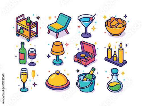 Colorful Entertaining Icons. Entertaining Space. Colorful isomet