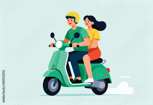 Couple riding a green scooter with a yellow helmet, moving forward