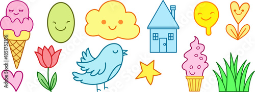 Cute kawaii doodle collection with smiling characters flowers birds house and cheerful elements