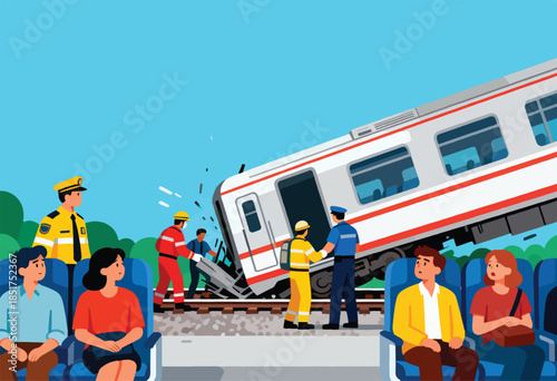 Train derailment scene with emergency responders and passengers looking on