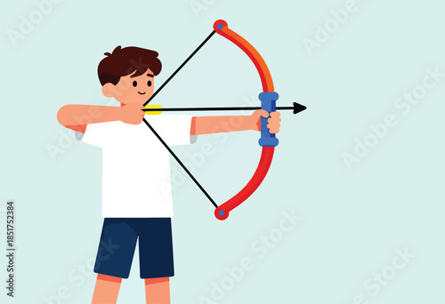 Flat illustration of a young boy aiming a bow and arrow, ready to shoot