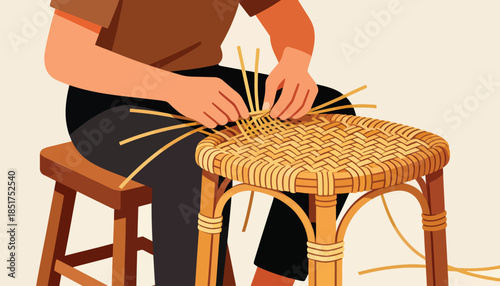 Person weaving rattan seat for a stool with skilled hands