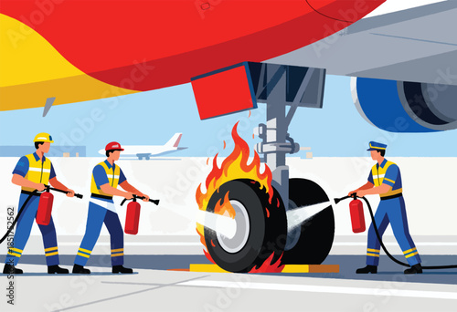 Three workers extinguish flames from an airplane wheel using fire extinguishers