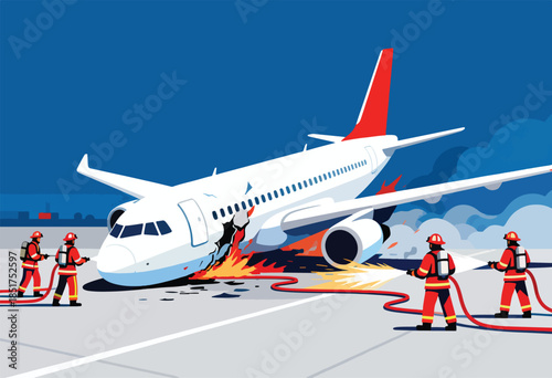 Firefighters extinguish a damaged airplane on the tarmac amid flames and smoke