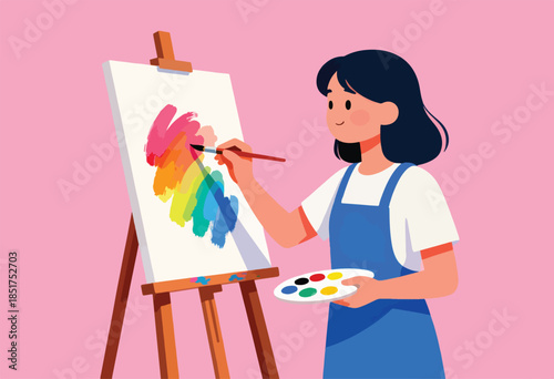 Young artist with dark hair paints a rainbow on canvas with an easel and palette